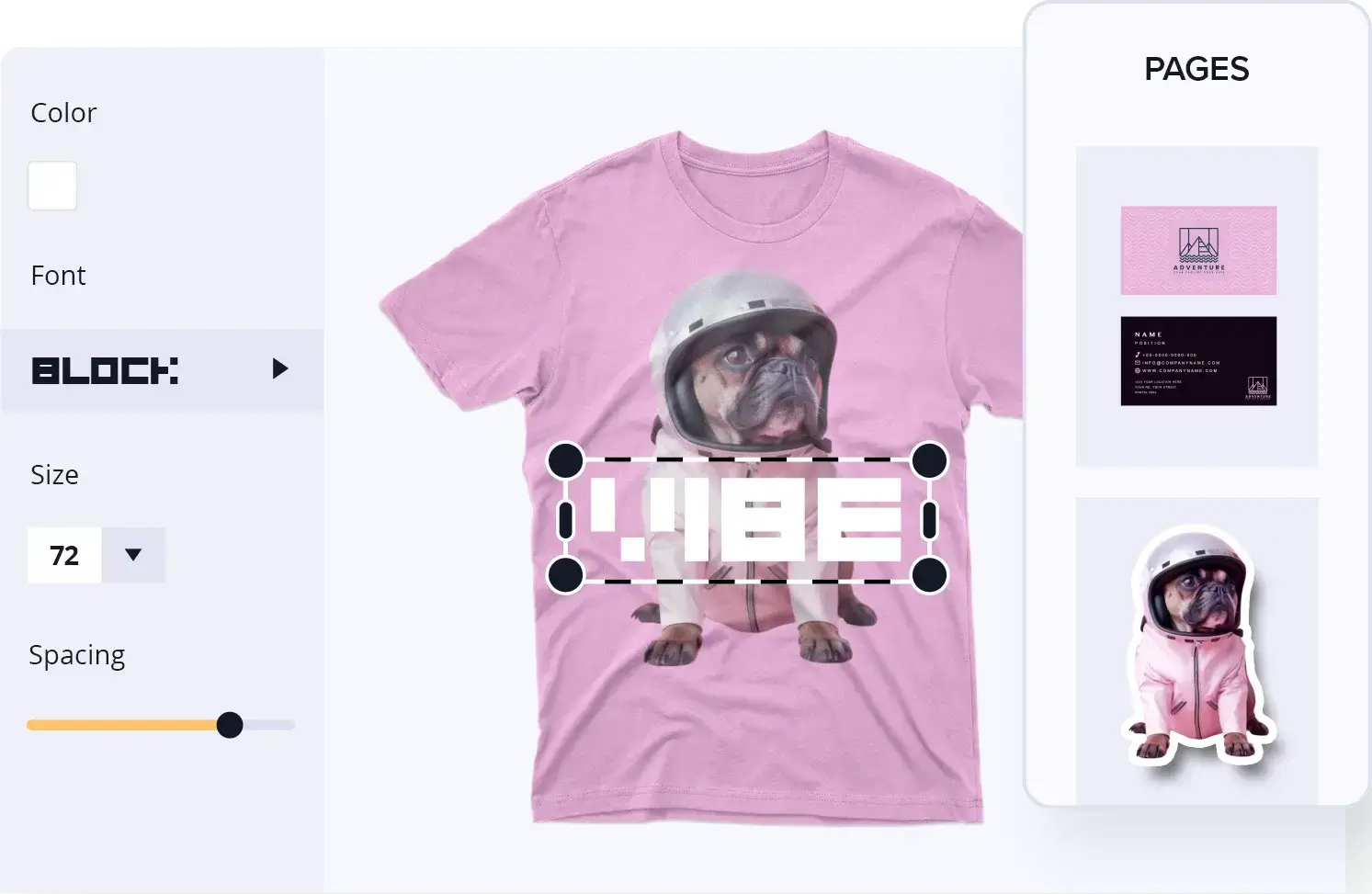 Interface d'édition graphique montrant un t-shirt rose avec un chien en combinaison spatiale et le mot "VIBE" en surimpression.