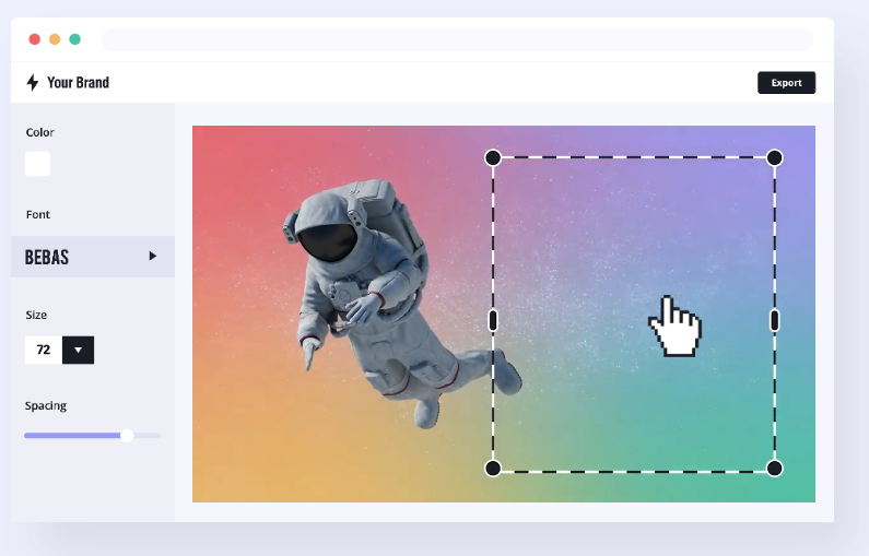 Interface d'édition graphique montrant un astronaute sur un fond coloré avec une zone de texte sélectionnée.