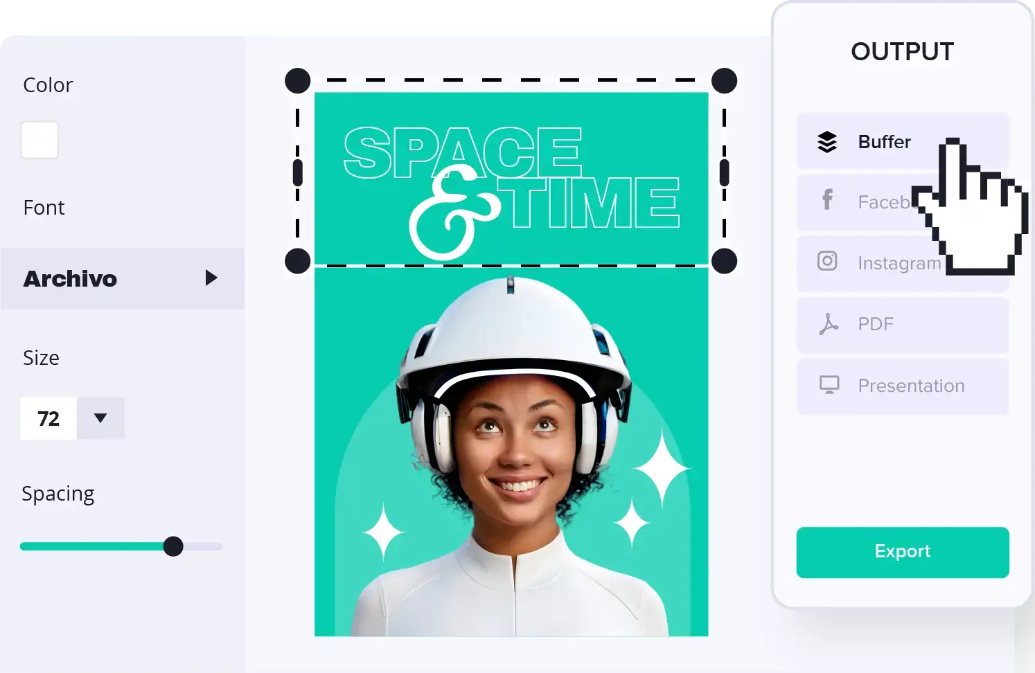 Interface graphique d'édition montrant une femme avec un casque futuriste et le texte "Space & Time" en arrière-plan.
