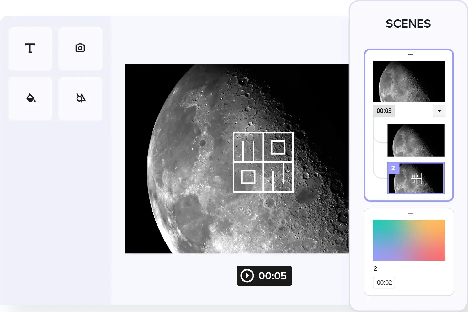 Interface d'édition de vidéo montrant une image de la lune avec des outils de personnalisation et une barre de scènes.