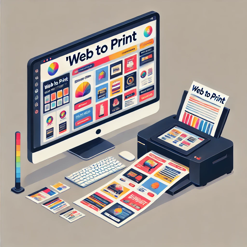 Un ordinateur et une imprimante configurés pour le Web To Print, affichant divers designs colorés.