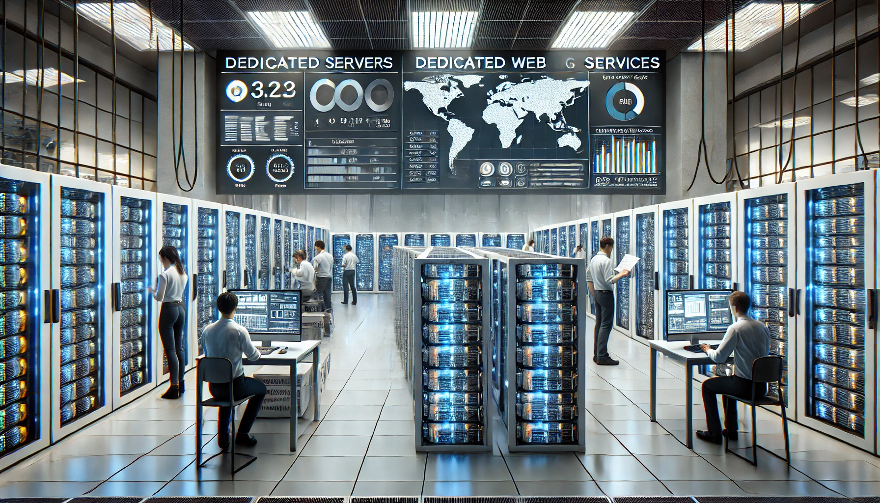 Image Hébergement Dédié .Un centre de données high-tech avec des racks de serveurs individuels, des techniciens effectuant des vérifications de maintenance et surveillant les performances, et des écrans affichant des analyses en temps réel.